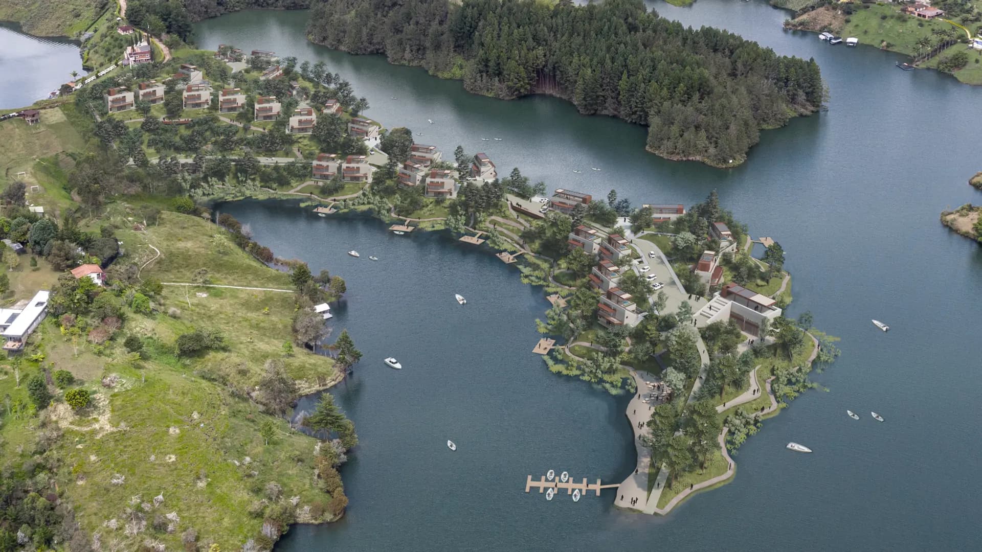 CABO - Vista panorámica del hotel de lujo regenerativo en Guatapé con paisaje natural del embalse